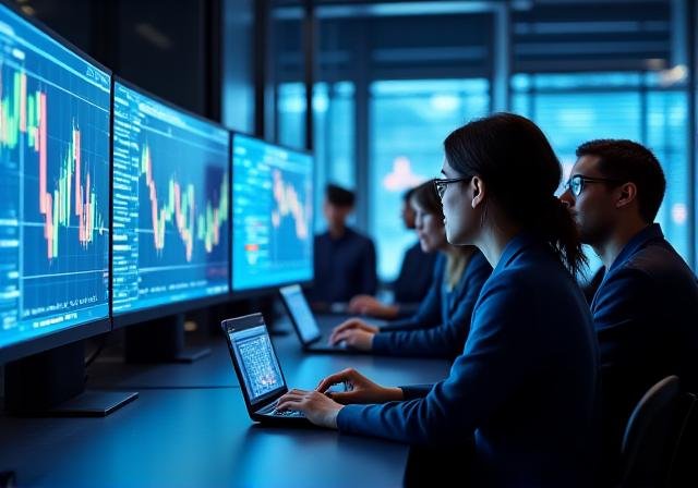 Students analyzing financial data in a modern trading lab